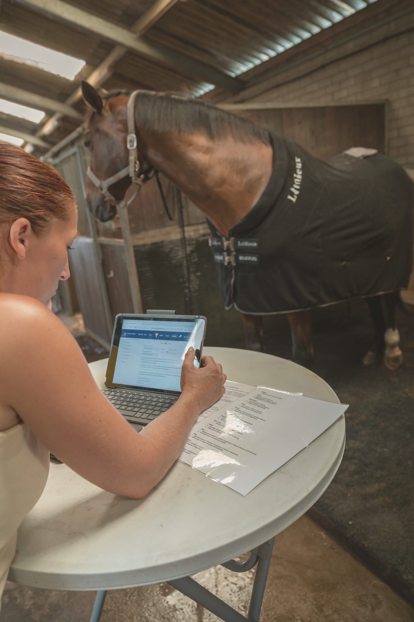 Het beeldscherm met de geluidsbestanden en de formulieren op tafel, met het paard op de achtergrond