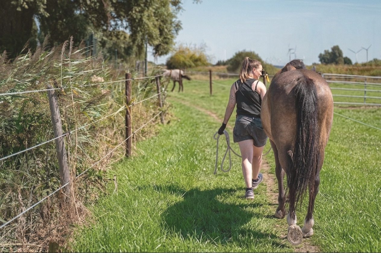 Een vrouw haalt haar leasepaard van het land en loopt met hem het pad af