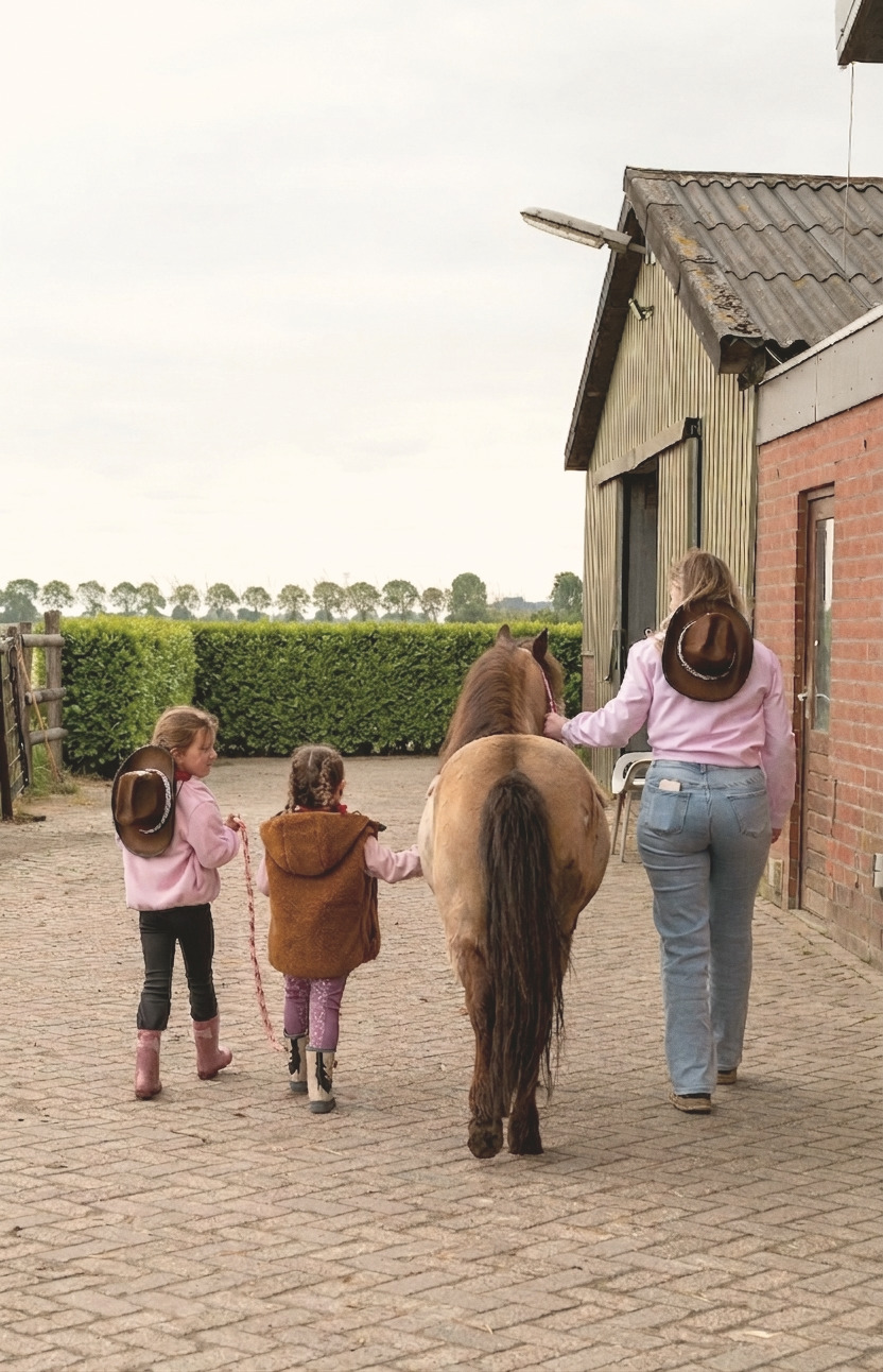 Twee kinderen met cowboyhoeden lopen samen met de juf en de pony over het erf
