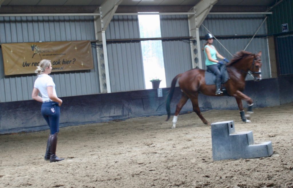 Samantha tijdens een les bij Equinova gericht op het dressuurmatig verbeteren van het paard