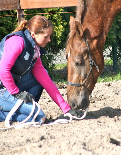 Nicky Star tijdens de training van Bolero met de oefening hoofd laag voor ontspanning en het principe wijken voor druk